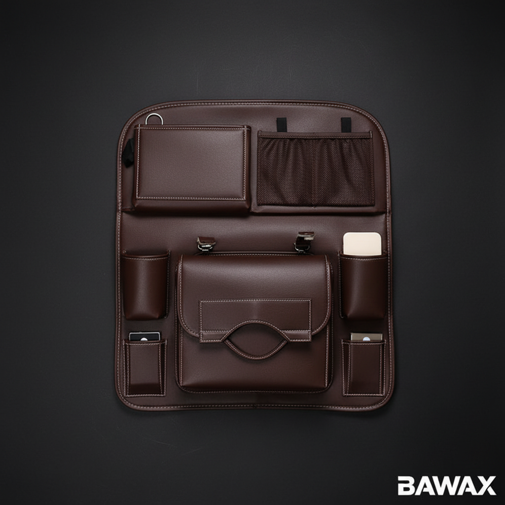 Car Seat Back Organizer Flat Lay - BAWAX